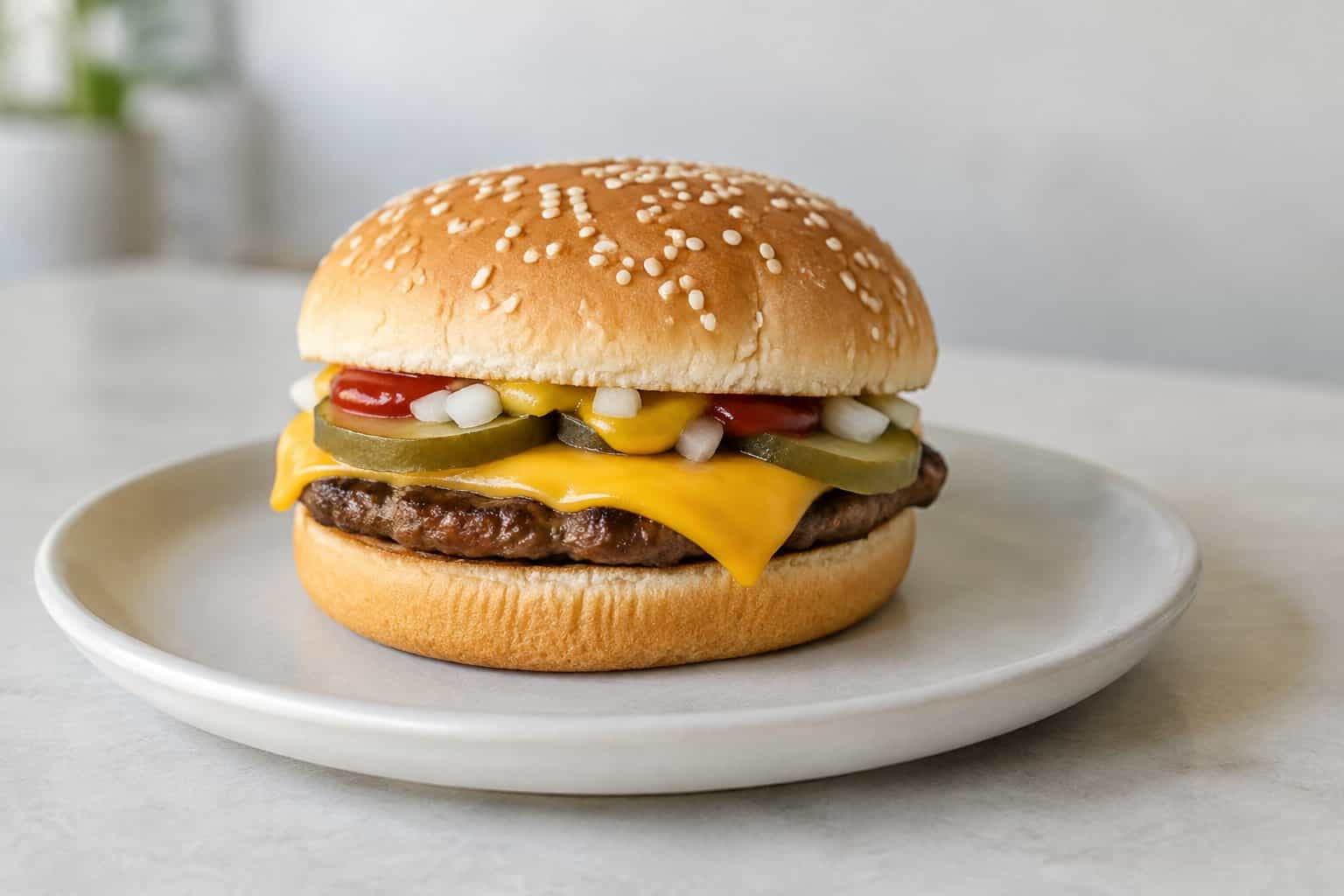 A cheeseburger with melted cheese, pickles, onions, ketchup, and mustard on a plate.