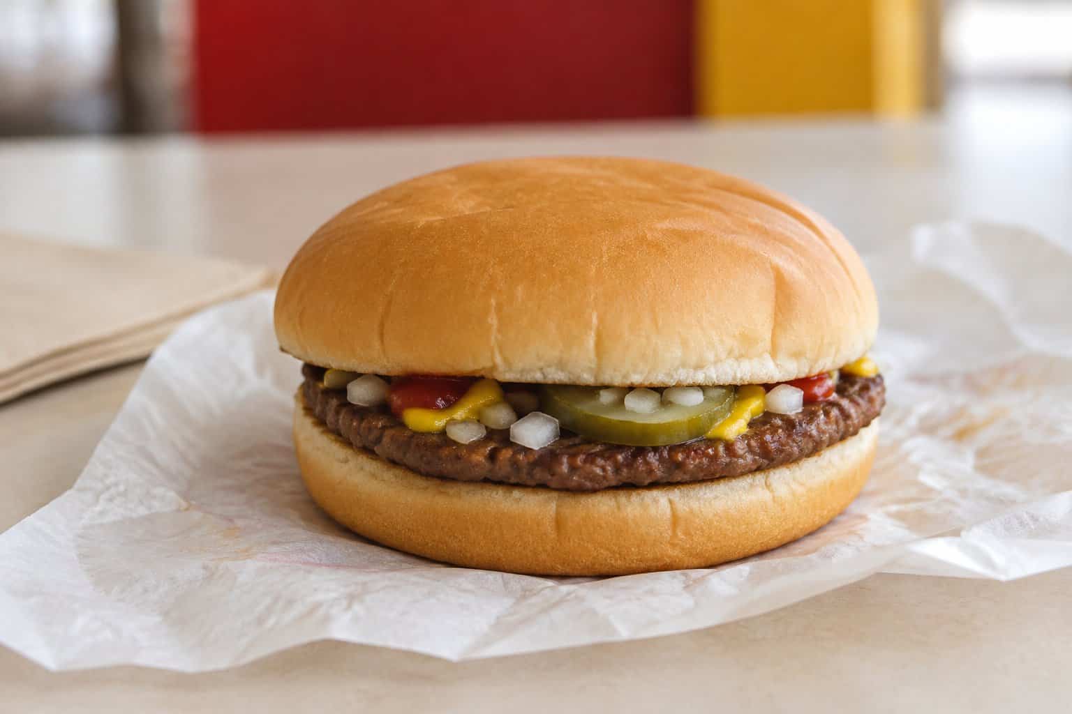 A plain hamburger rests on a paper wrapper on a tabletop.