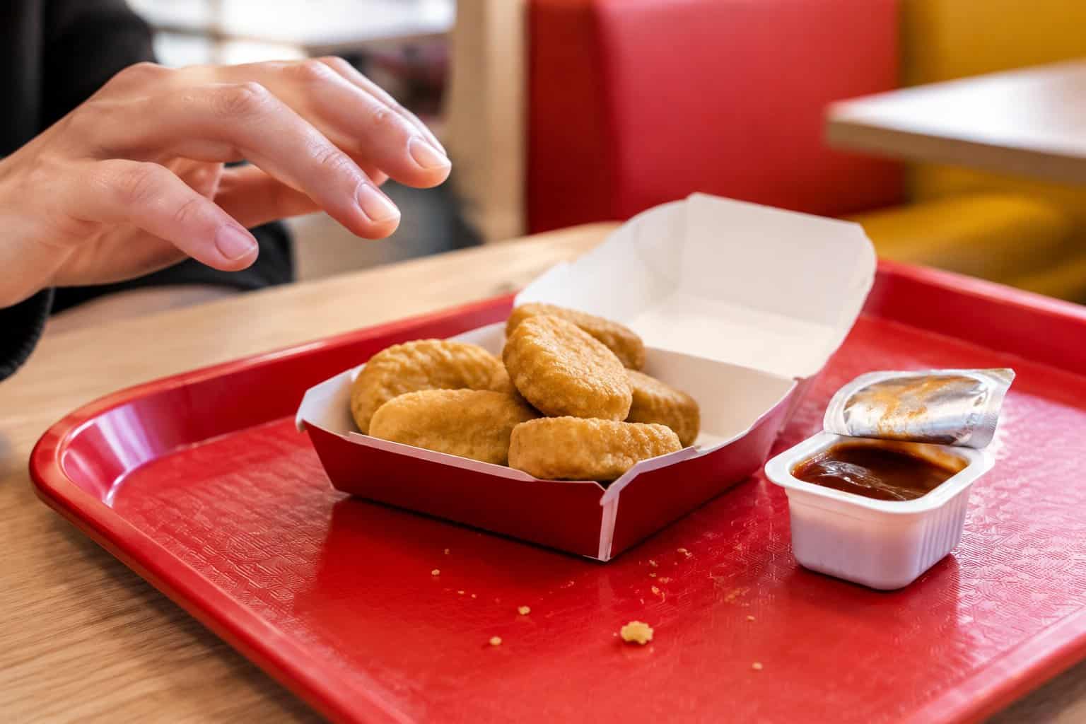 Chicken nuggets and dipping sauce on a tray as a hand hesitates nearby.