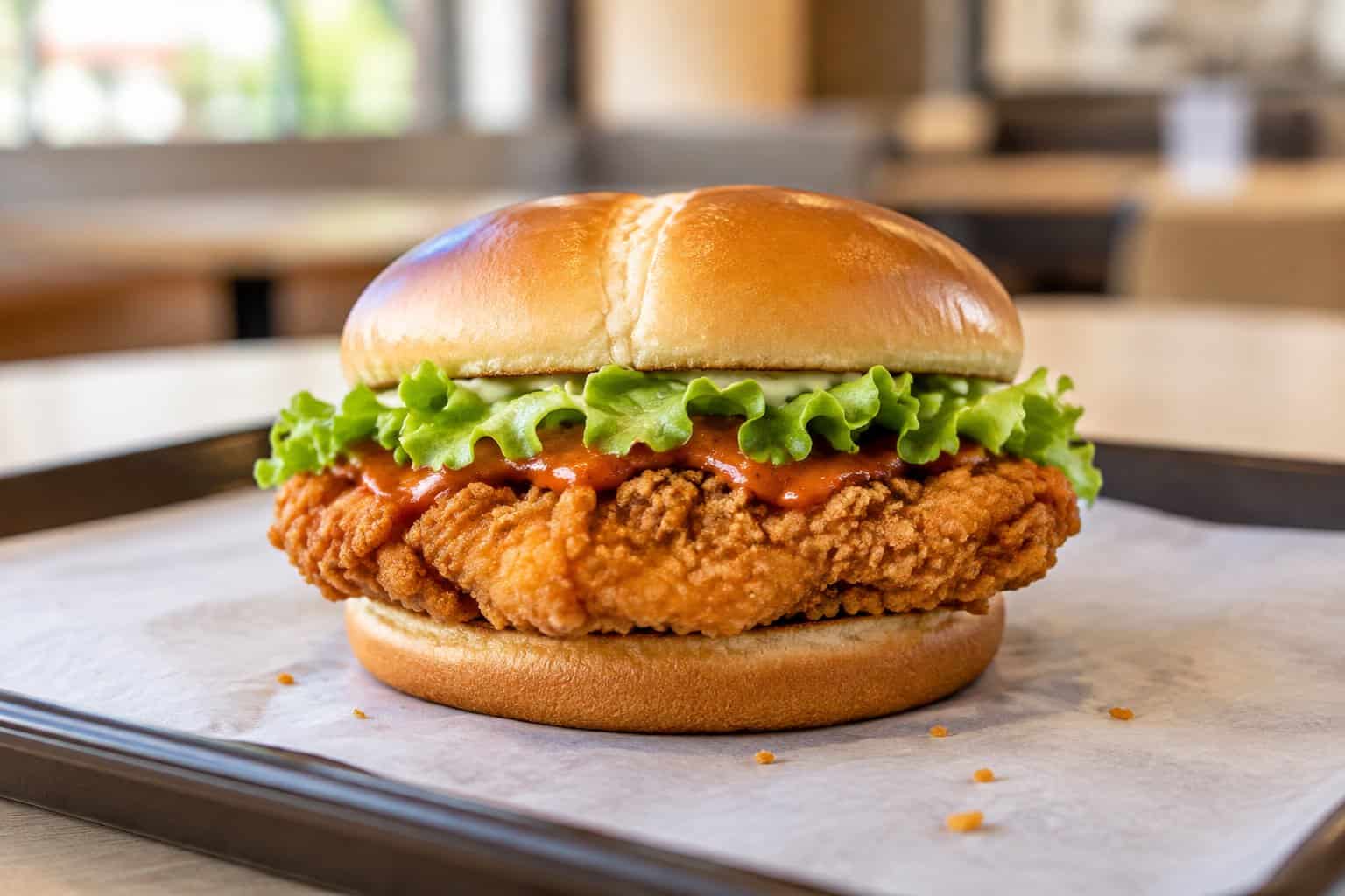 A crispy spicy chicken sandwich with lettuce and sauce on a tray.