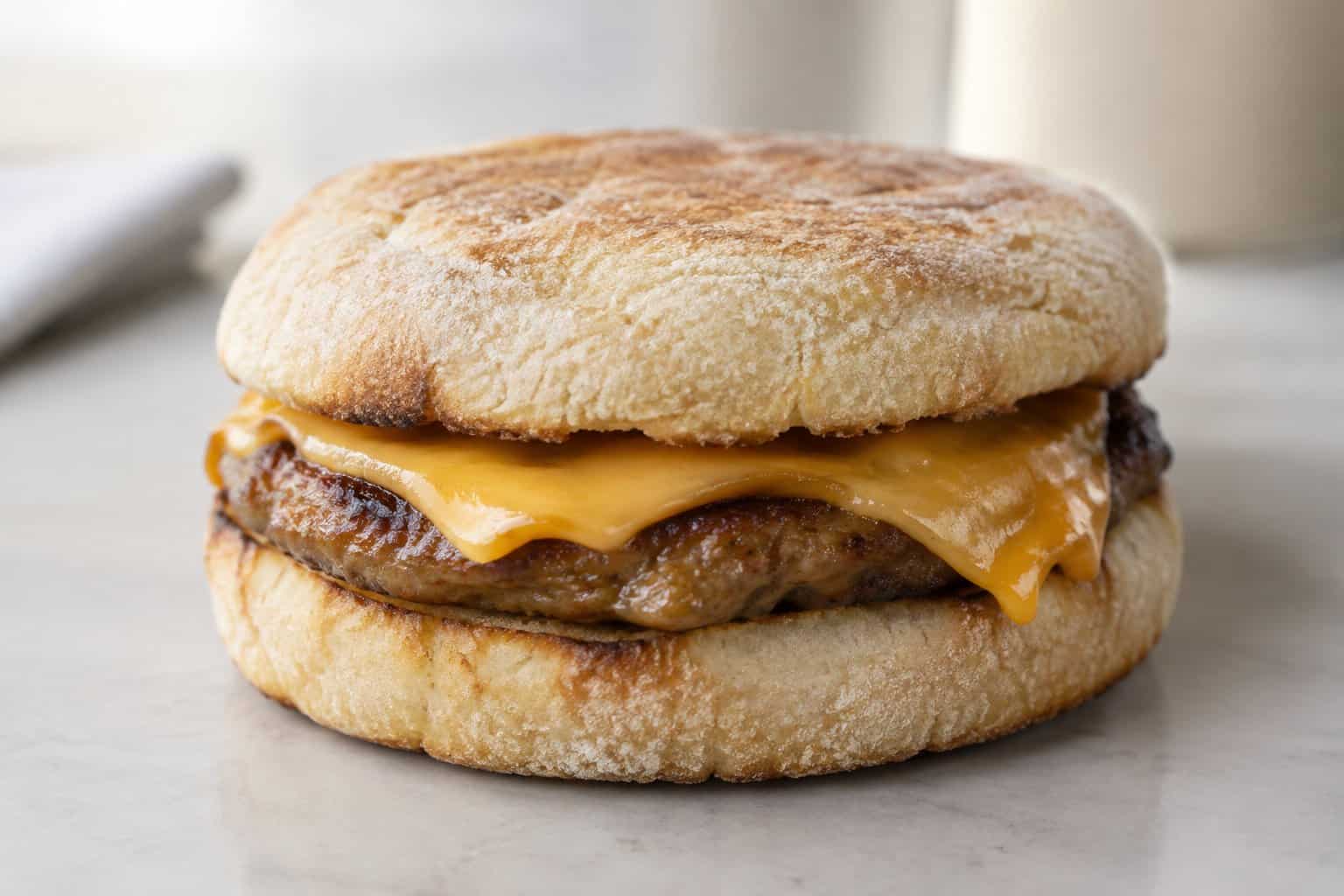 A sausage patty and melted cheese between the halves of an English muffin.