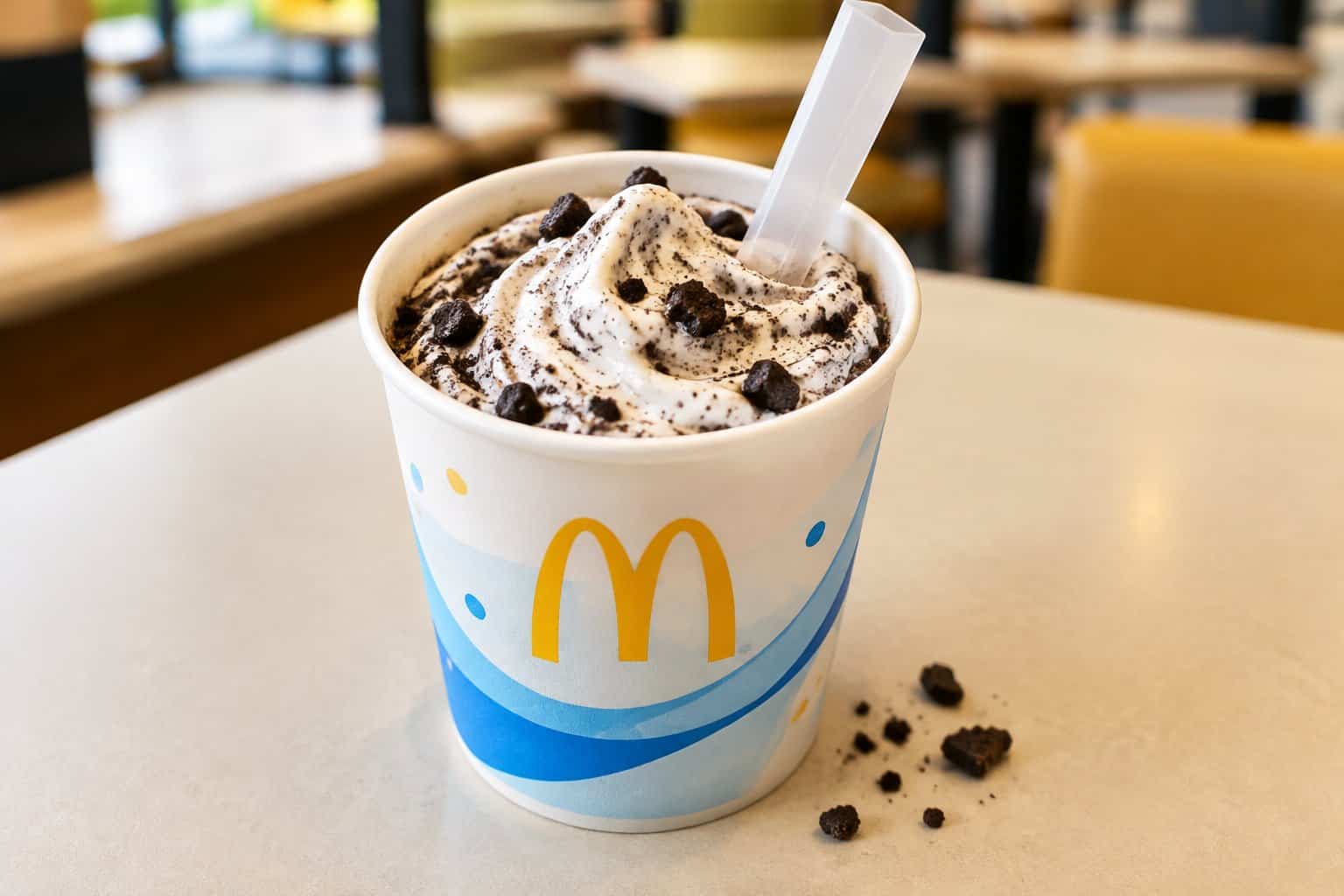 A cup of vanilla soft serve mixed with chocolate cookie pieces.