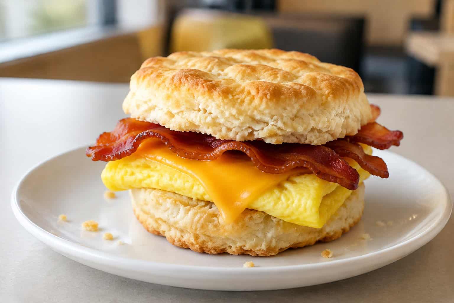 A bacon, egg, and cheese biscuit on a white plate.
