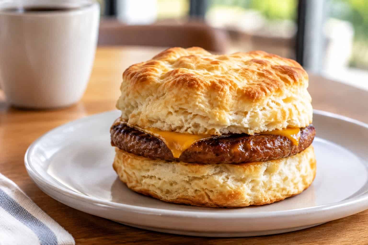A sausage patty tucked inside a golden biscuit on a plate.