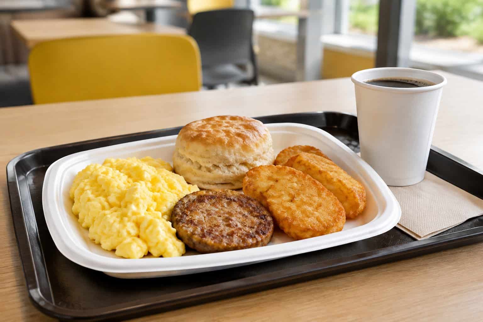 A breakfast tray with scrambled eggs, a sausage patty, a biscuit, hash browns, and coffee.