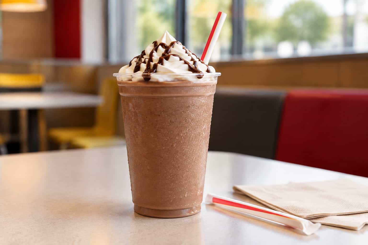 A chocolate shake topped with whipped cream on a table in a fast-food restaurant.