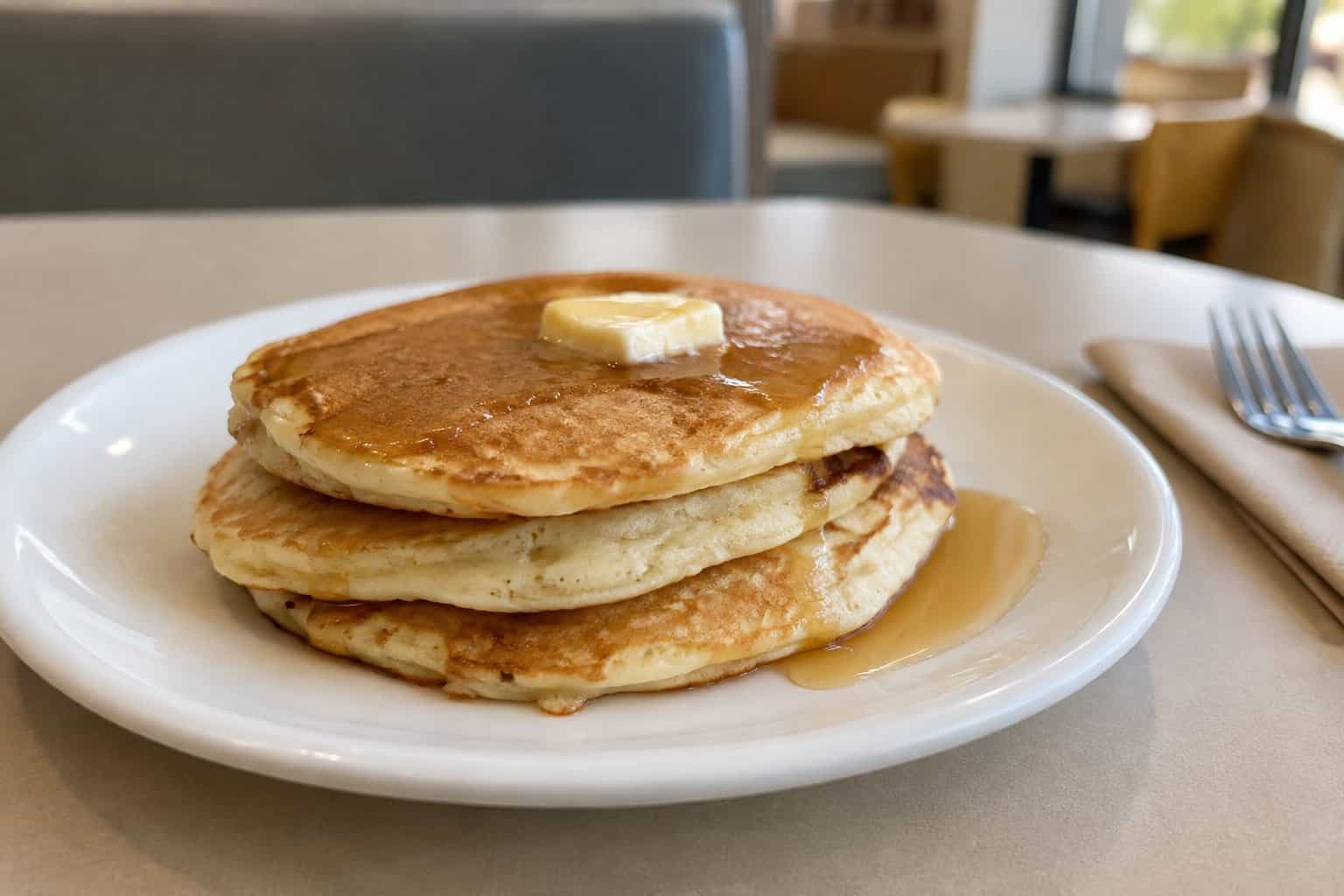 A stack of pancakes with butter and syrup on a plate.
