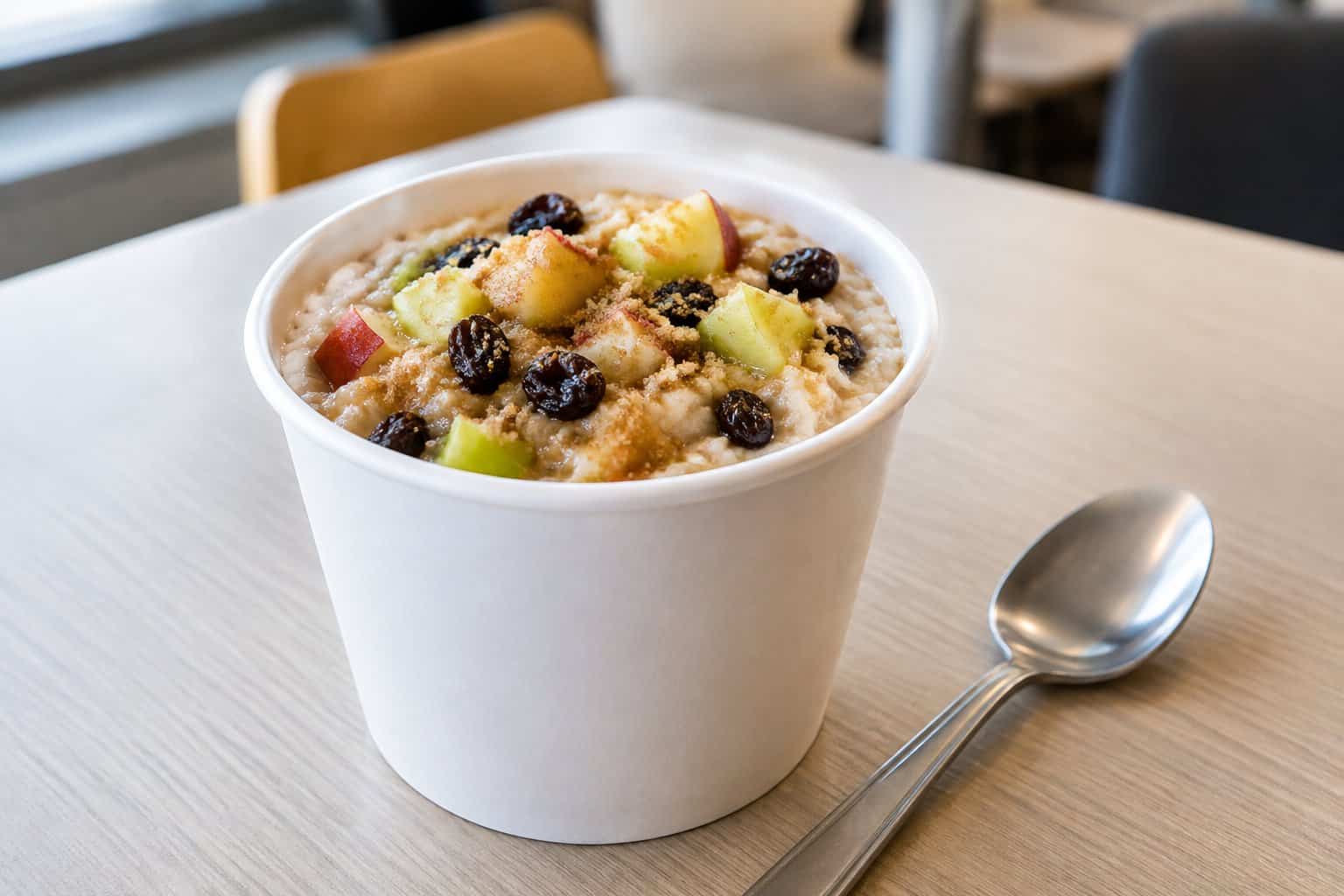 A cup of oatmeal topped with diced apples and raisins beside a spoon.