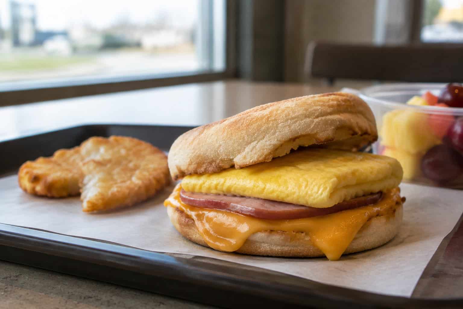 An Egg McMuffin on a tray in a fast-food dining area.