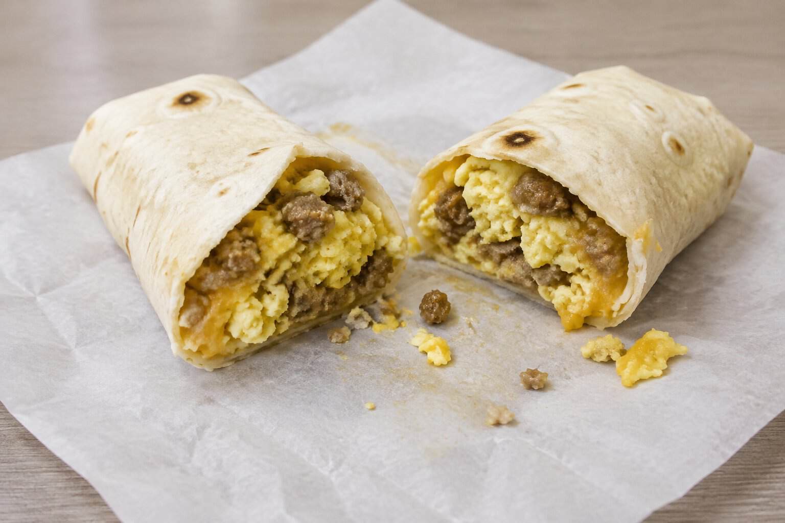 A cut sausage burrito with egg and cheese on a paper wrapper.