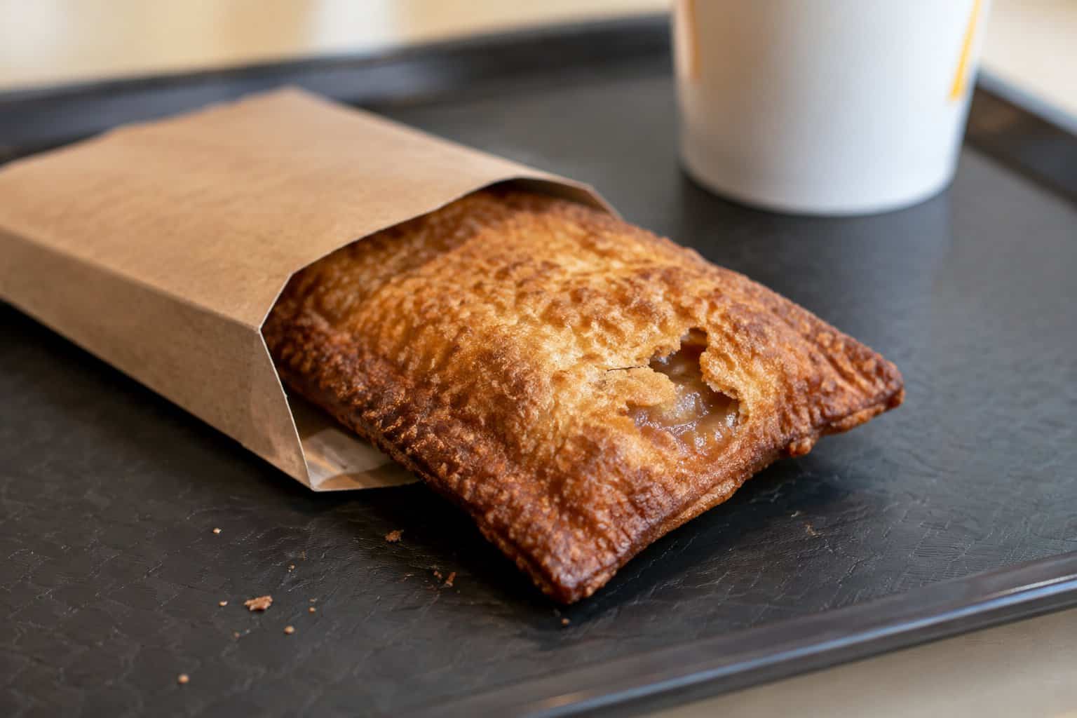 A golden-brown rectangular apple pie in a paper sleeve on a fast-food tray.