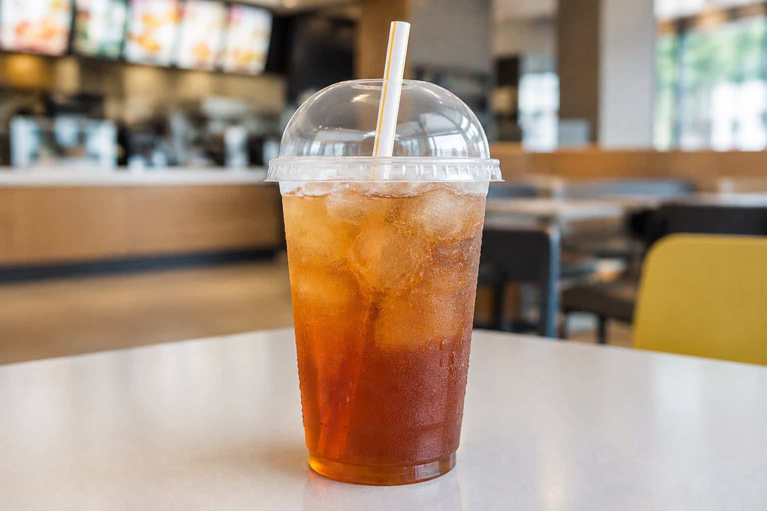 A cup of iced tea with ice on a table in a fast-food restaurant.