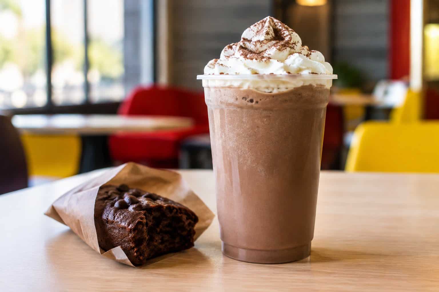 A chocolate mocha topped with whipped cream sits on a café table beside a chocolate pastry.