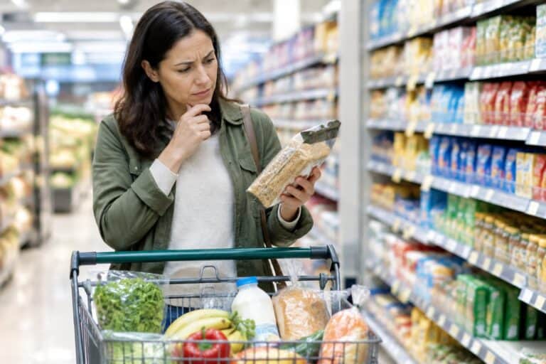 A shopper examines a grocery item beside a cart in a supermarket aisle.