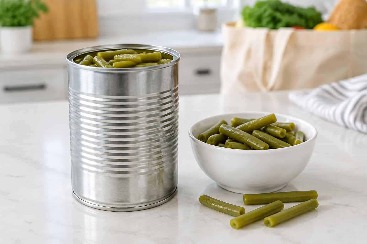 An open can of green beans beside a bowl of beans on a kitchen counter.