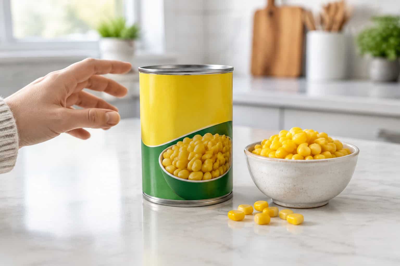 A can of corn sits beside a bowl of kernels on a kitchen counter.