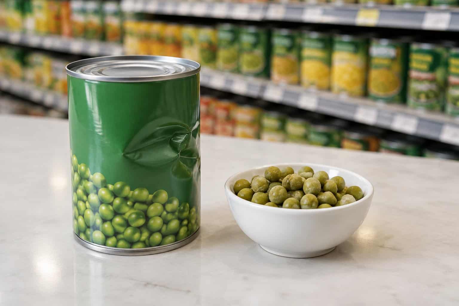 A dented can of peas beside a bowl of peas on a kitchen counter.