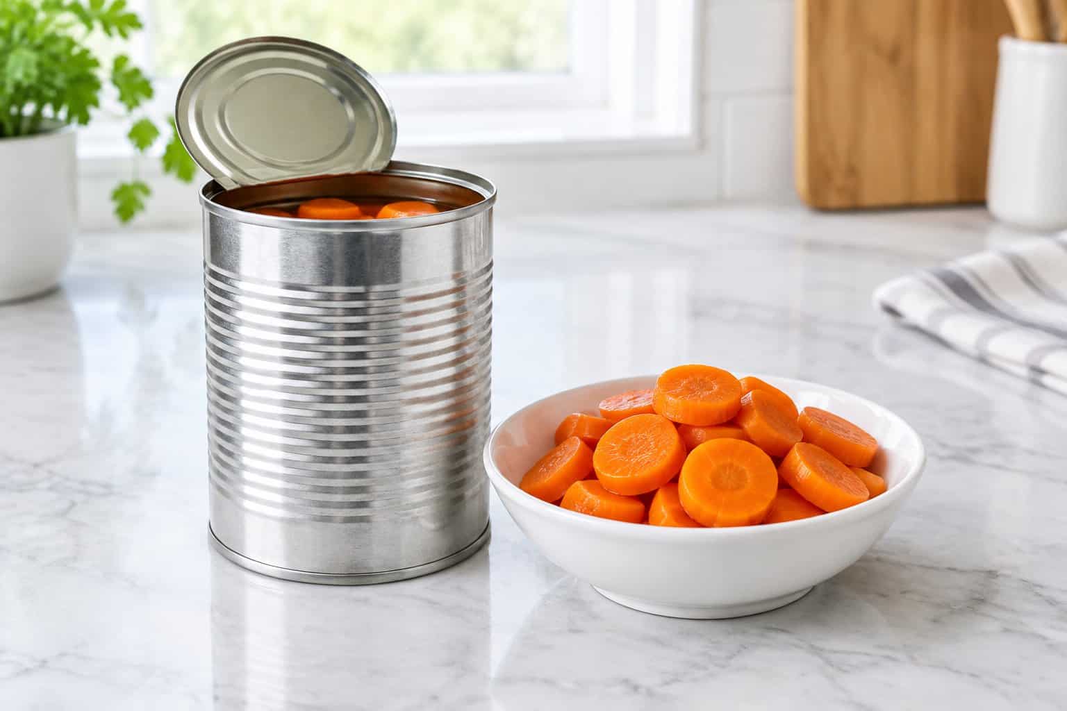 An open can of sliced carrots beside a small serving on a kitchen counter.