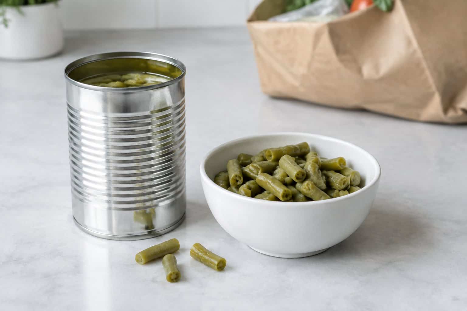 An opened can of cut green beans beside a bowl of drained beans on a kitchen counter.