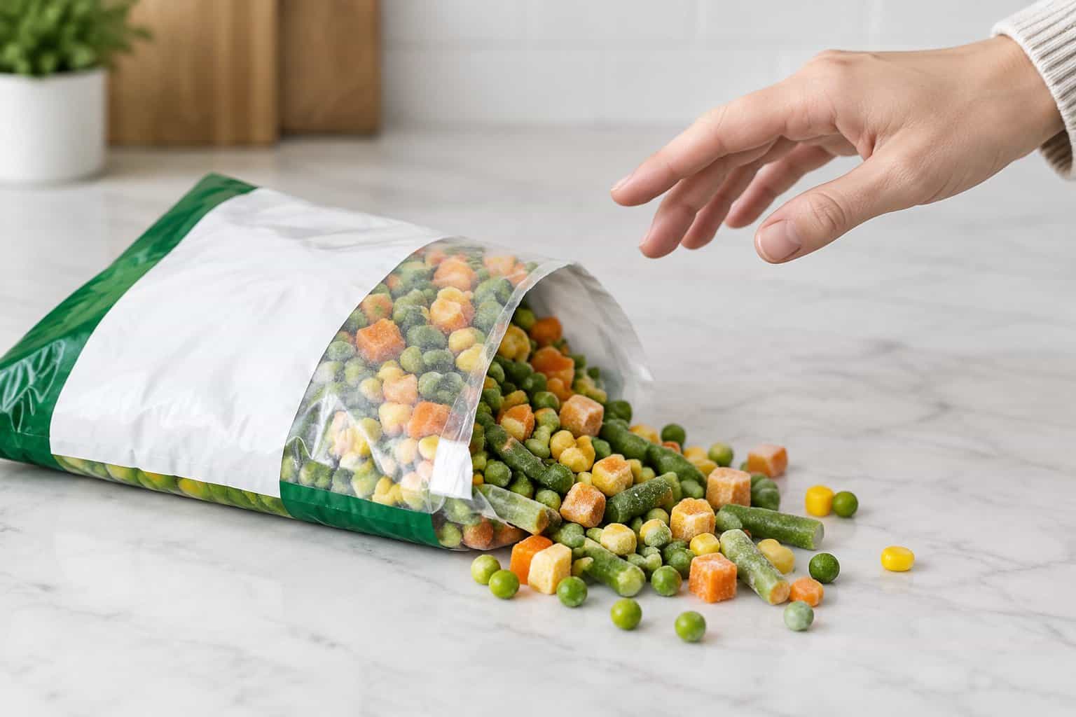 A hand pauses above a bag of frozen mixed vegetables beside spilled peas, carrots, corn, and green beans.