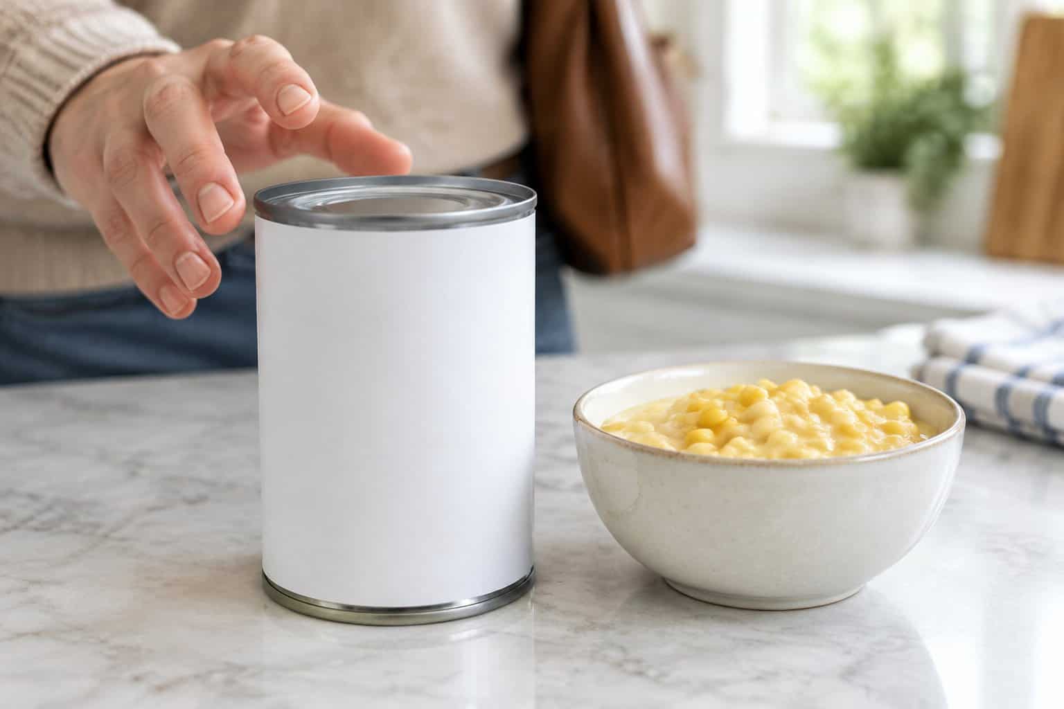 A can of cream-style corn sits beside a bowl of corn on a kitchen counter.