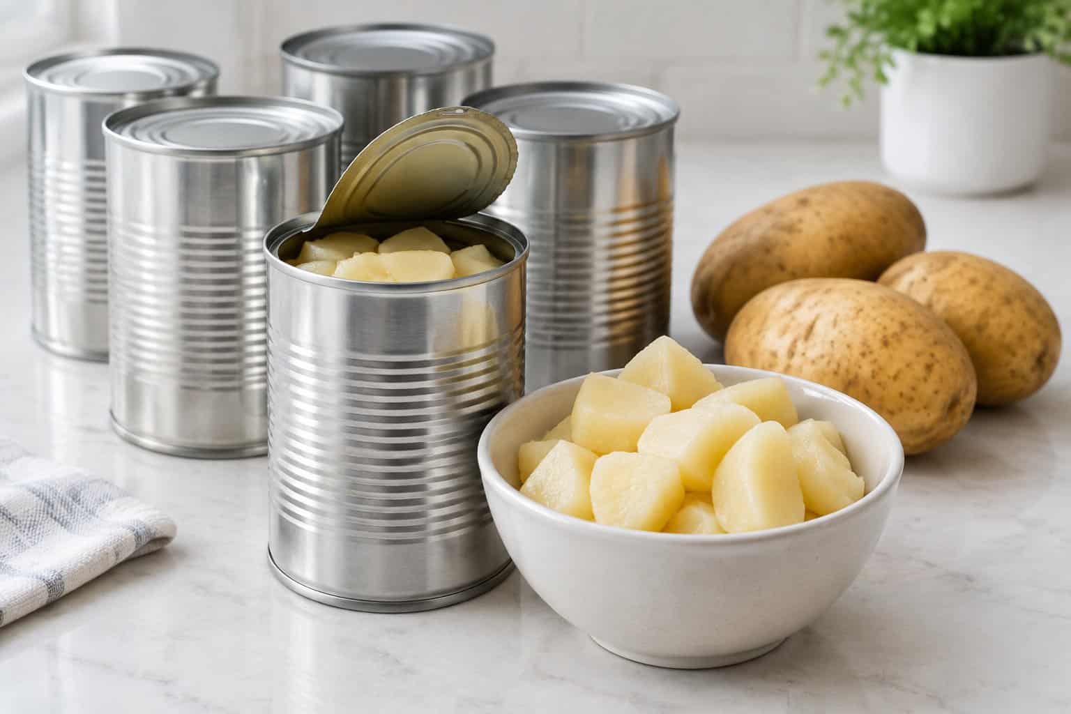 Cans of potatoes beside a bowl of potato pieces and several fresh potatoes.