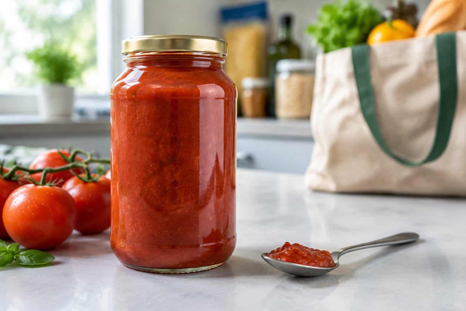 A jar of tomato sauce with fresh tomatoes on a kitchen counter.