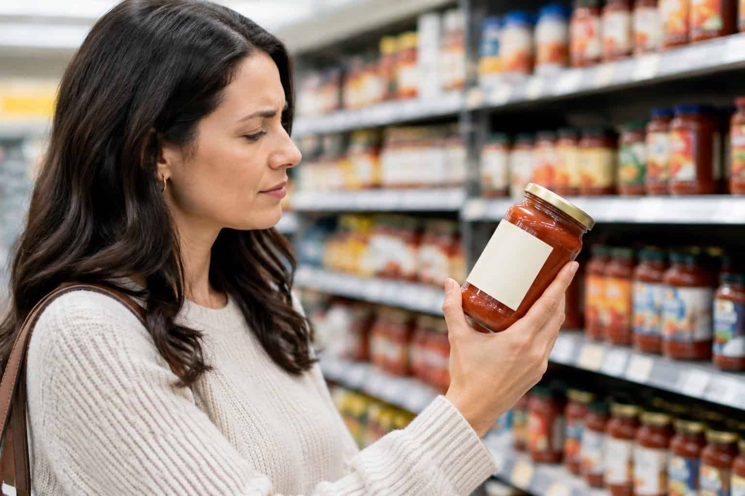 A shopper examines a jar of pasta sauce in a grocery store.