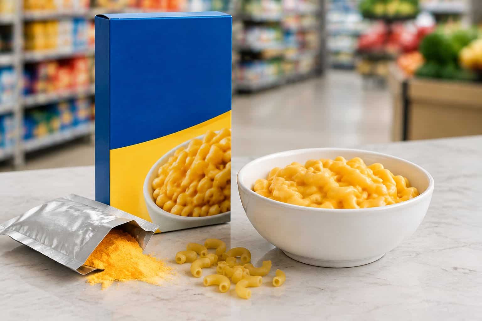 A boxed macaroni dinner sits beside a bowl of cheese-covered pasta.