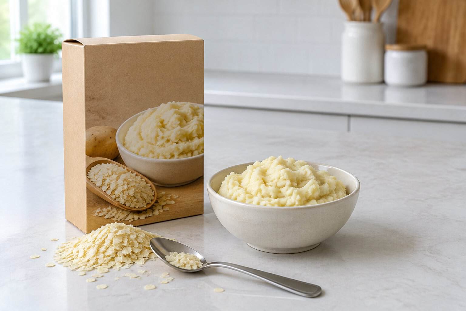 A bowl of mashed potatoes beside a box of instant potato flakes on a kitchen counter.