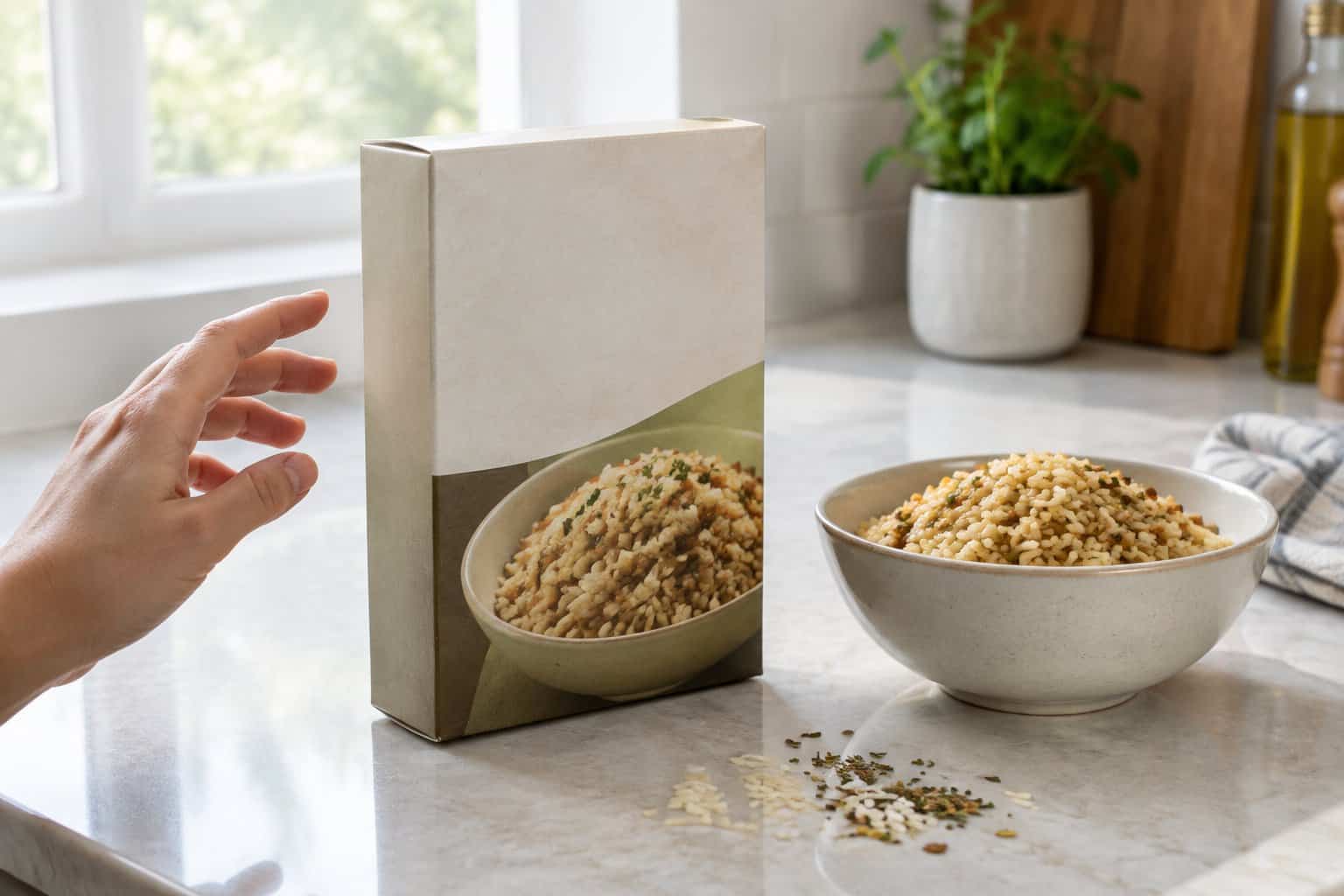 A plain box of rice pilaf sits beside a bowl of cooked rice pilaf on a kitchen counter.