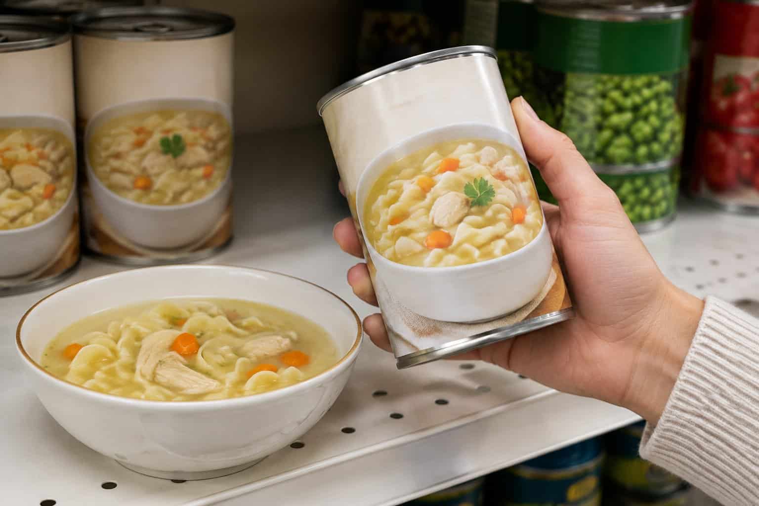 A shopper examines a can of chicken noodle soup beside a bowl of soup.