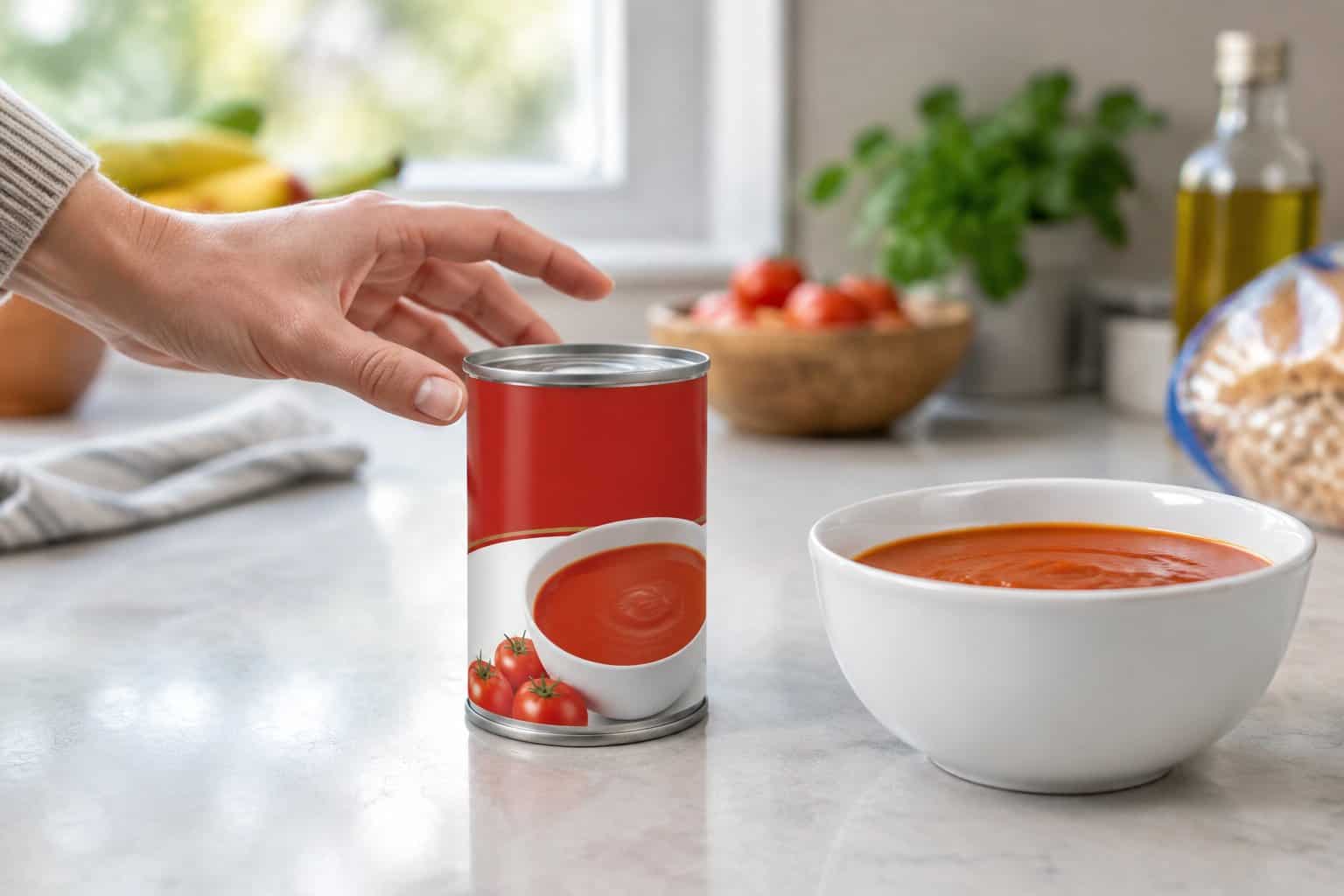 A hand pauses beside a can of tomato soup and a bowl of soup on a kitchen counter.