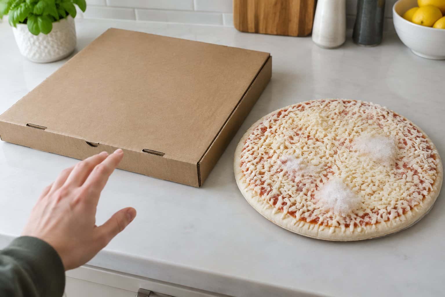 A shopper hesitates beside a boxed frozen cheese pizza on a kitchen counter.