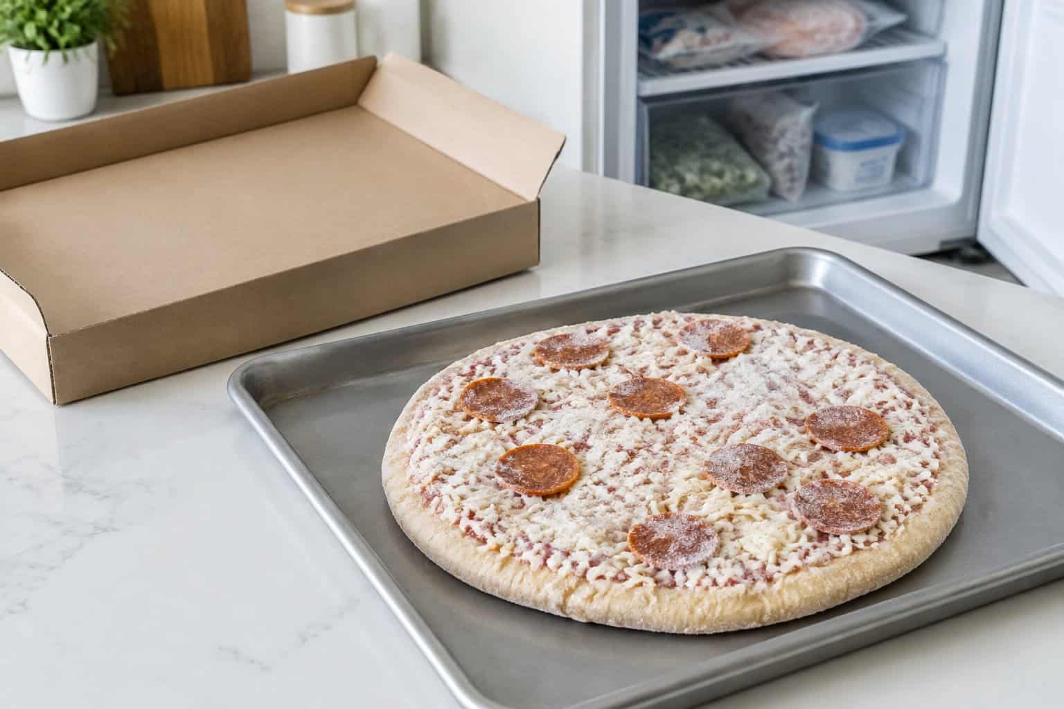 A frozen pepperoni pizza sits on a baking tray beside an open freezer box.
