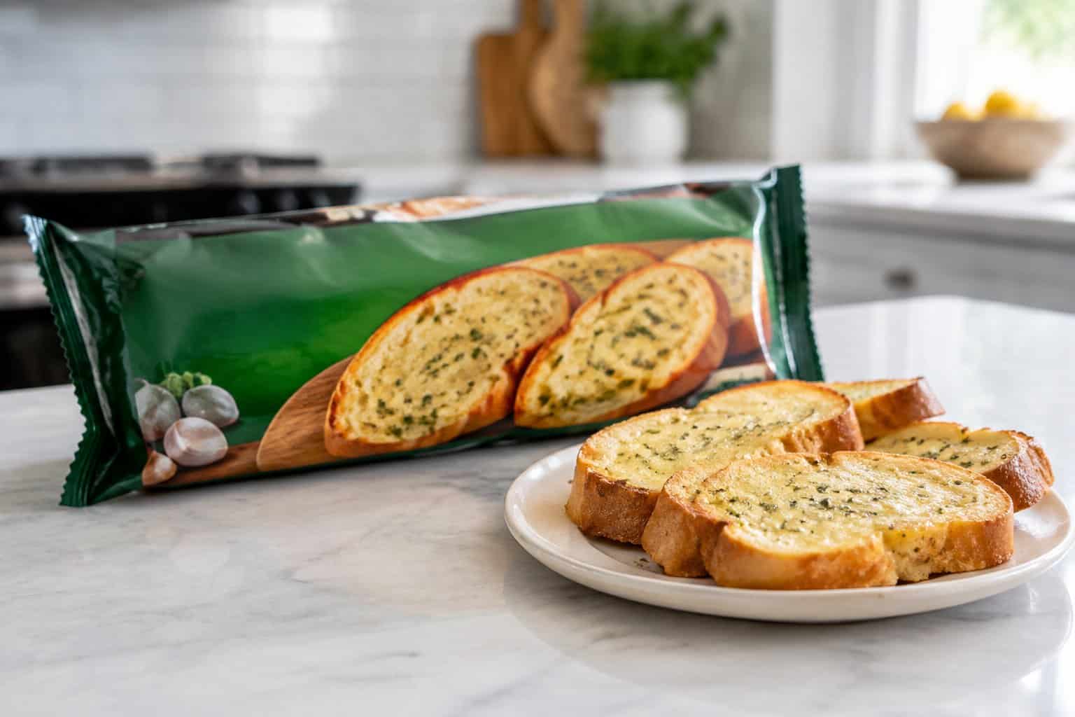 A package of frozen garlic bread beside baked slices on a kitchen counter.