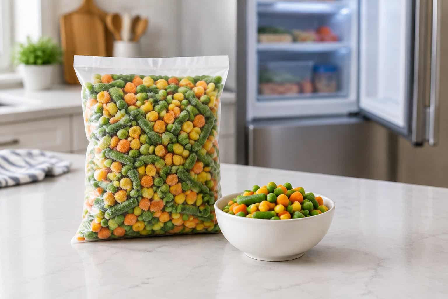 A bag of frozen mixed vegetables beside a bowl of peas, carrots, corn, and green beans on a kitchen counter.