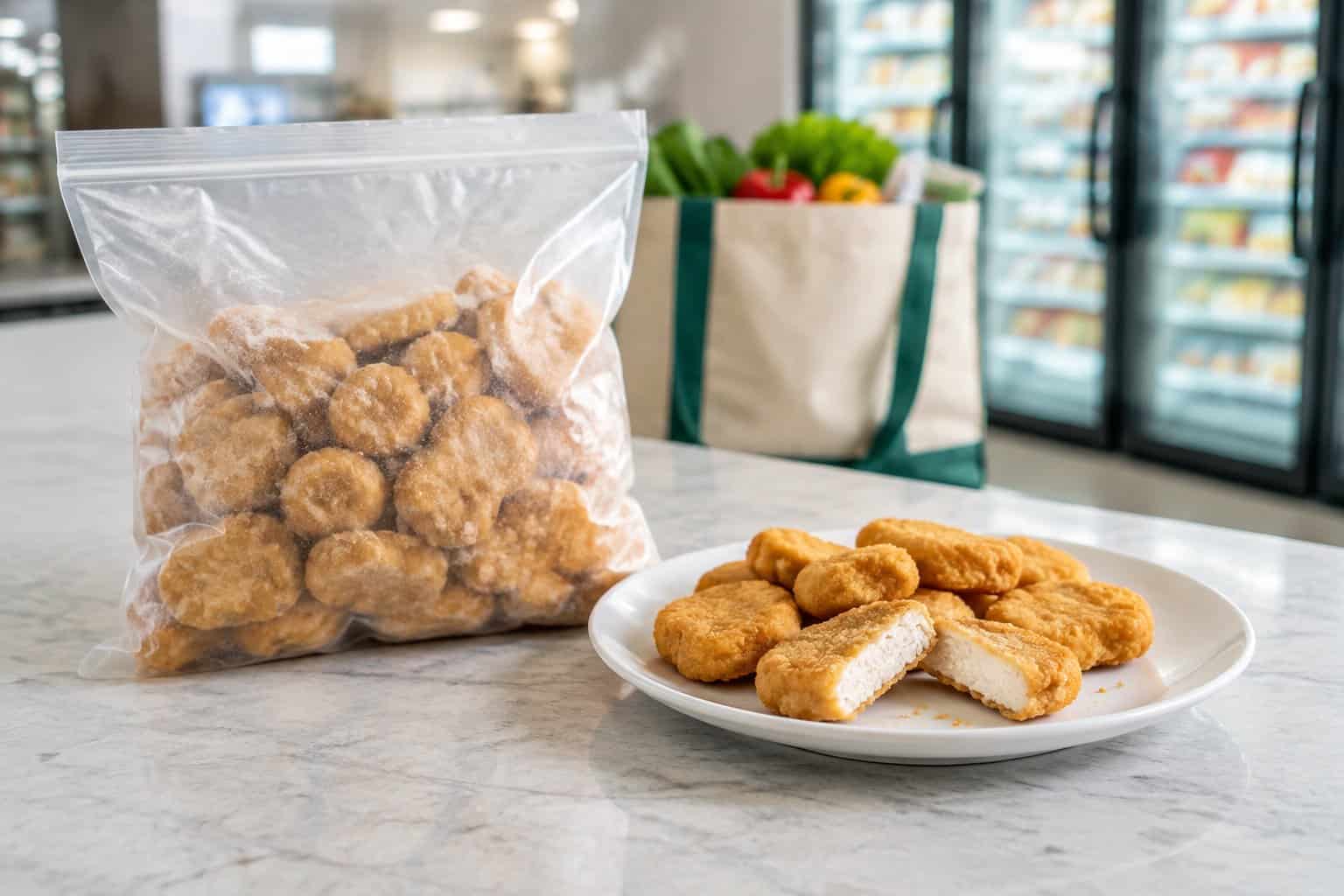 A bag of frozen chicken nuggets sits beside cooked nuggets on a plate.