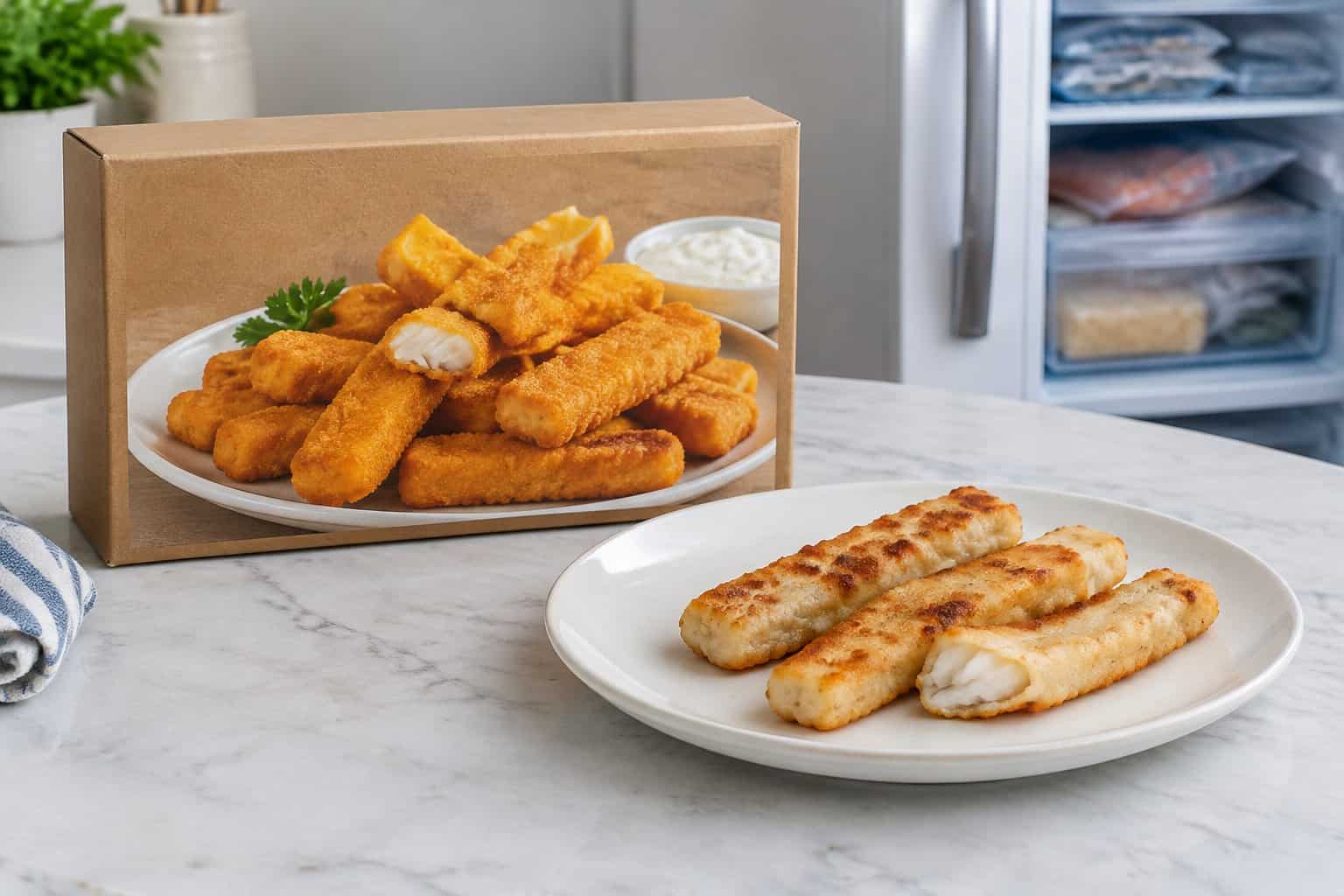 A box of frozen fish sticks sits beside cooked fish sticks on a plate.