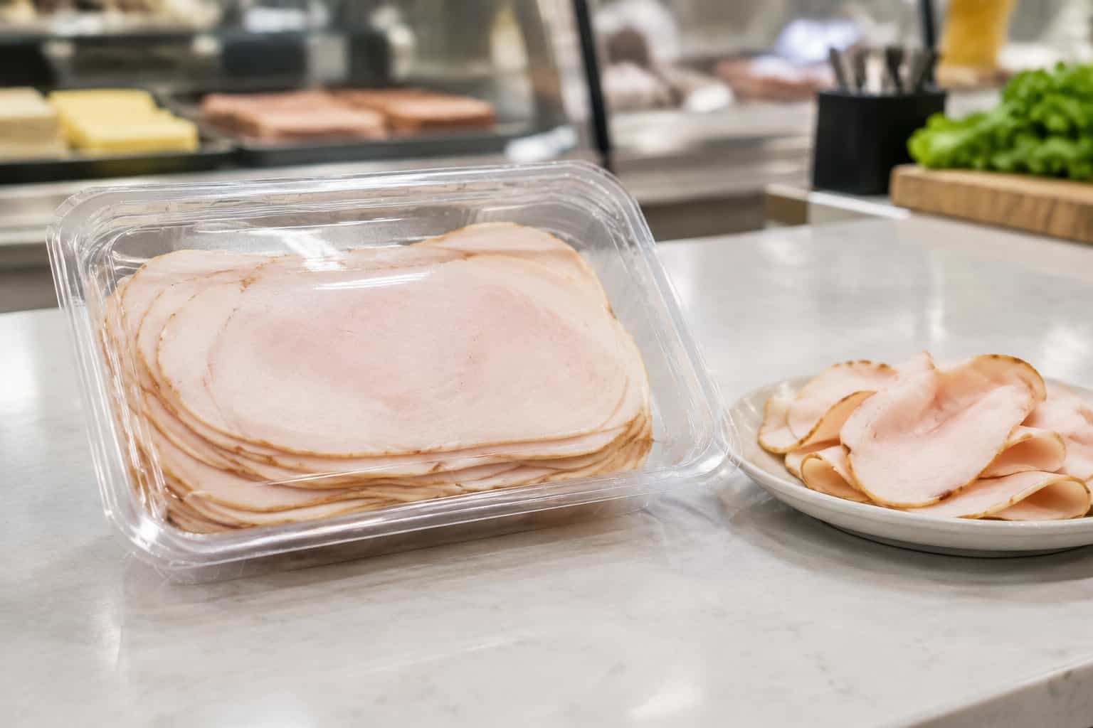 A package of sliced turkey on a deli counter beside several turkey slices on a plate.