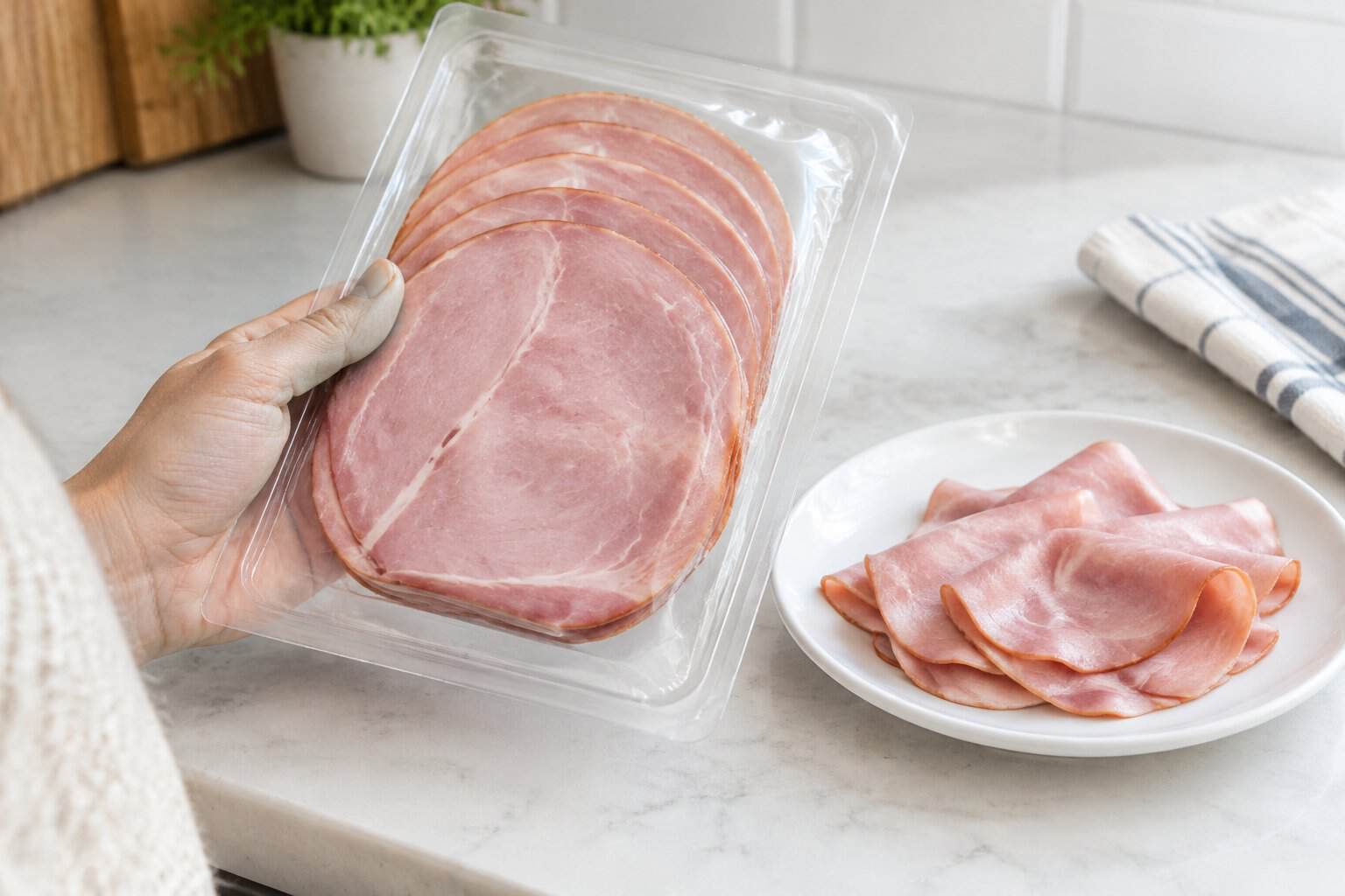 A hand examines a package of sliced ham beside a plate of ham slices.