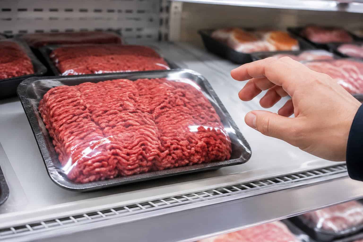 A shopper considers a package of ground beef on a grocery-store shelf.