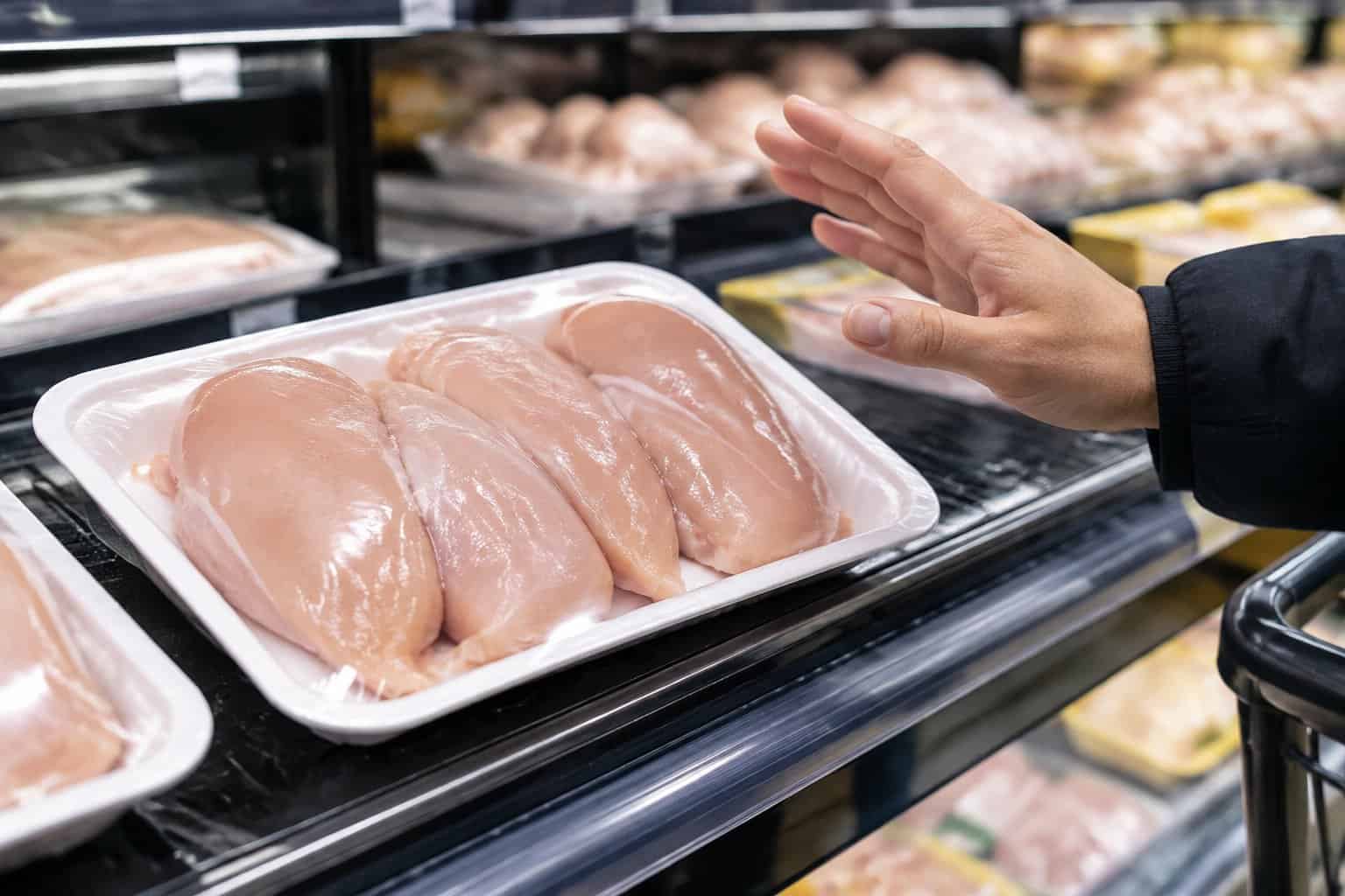 A shopper pauses beside a package of raw chicken breasts in a grocery store.