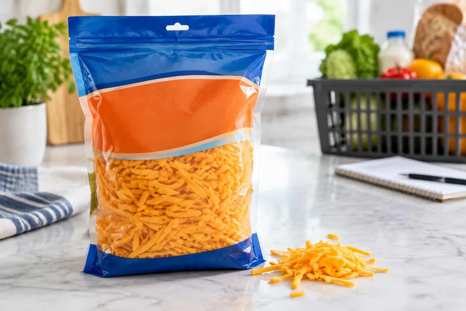 A bag of shredded cheddar cheese sits on a kitchen counter beside loose cheese shreds.