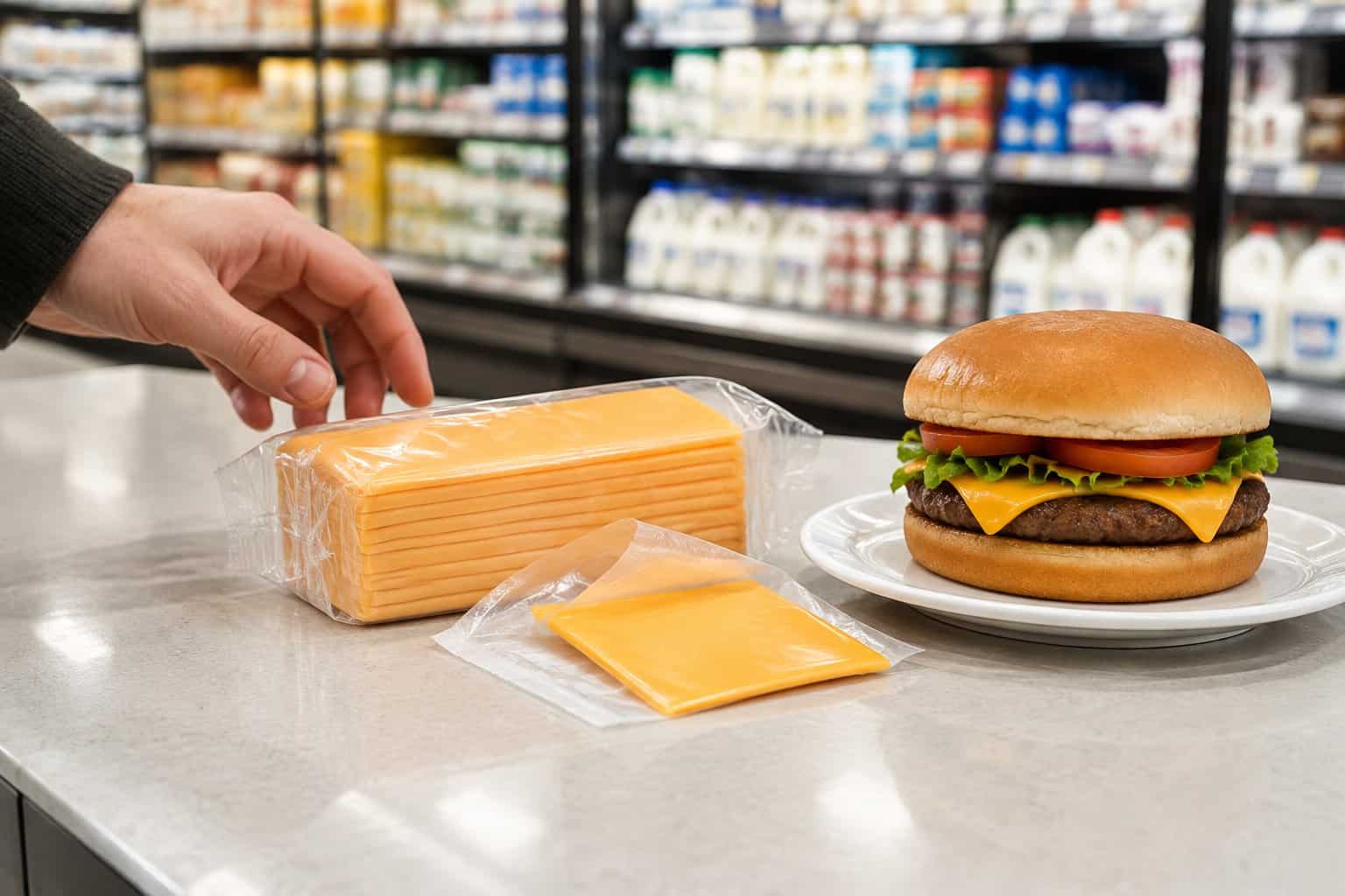 A hand pauses beside a package of sliced American cheese and a cheeseburger.