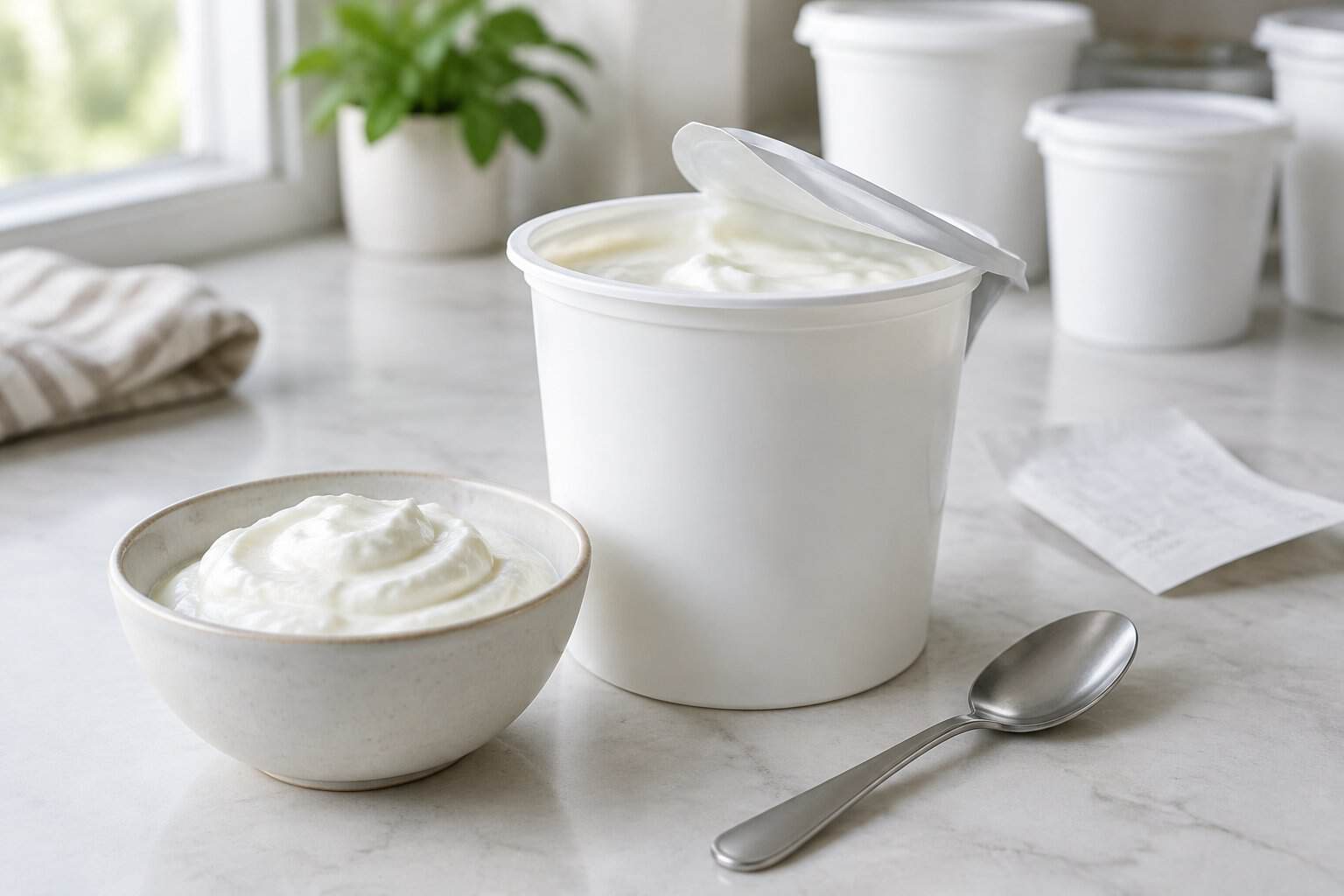 A tub of plain Greek yogurt sits beside a bowl and spoon on a kitchen counter.
