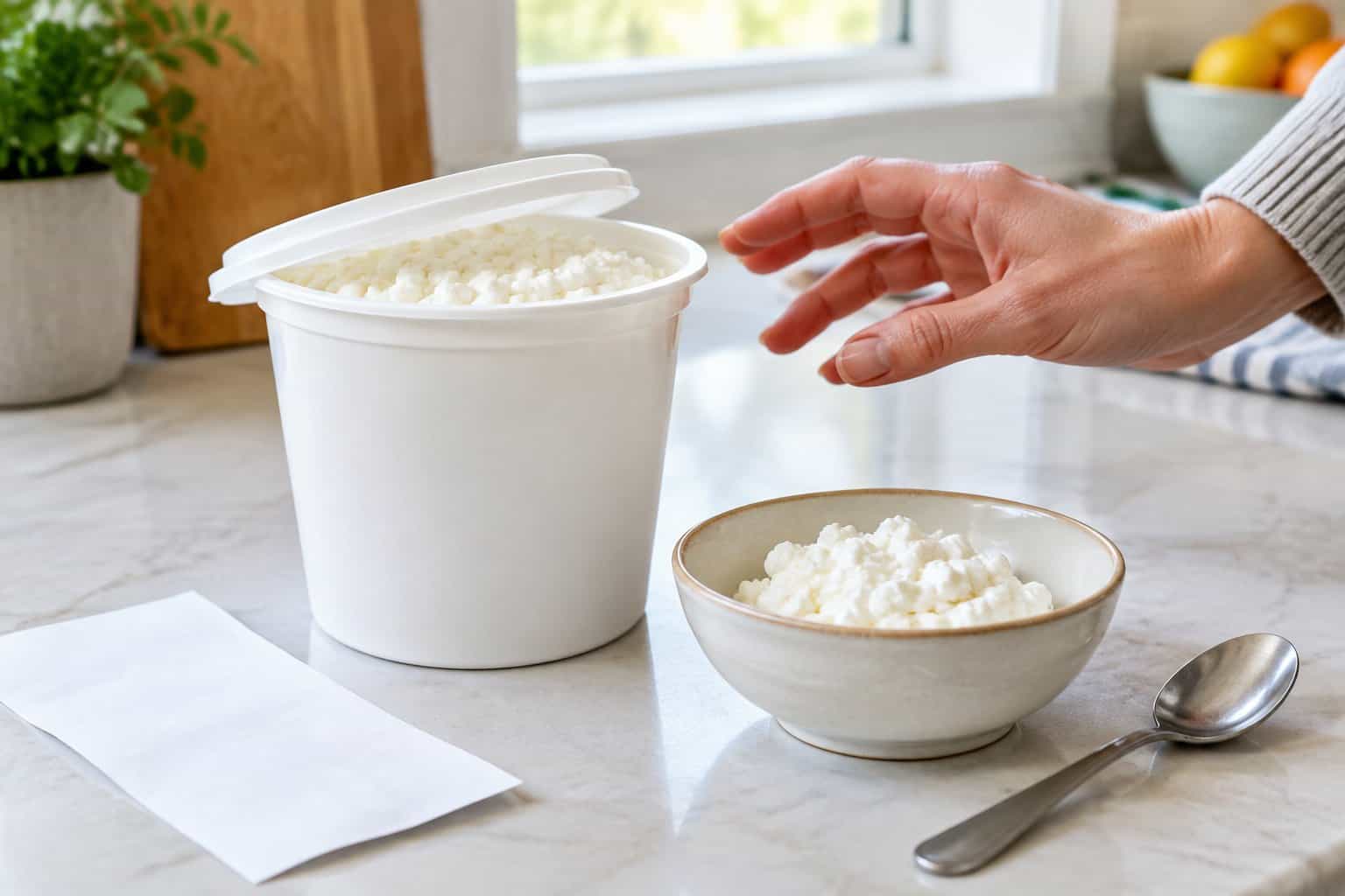 A shopper hesitates beside a tub of cottage cheese and a small serving in a bowl.