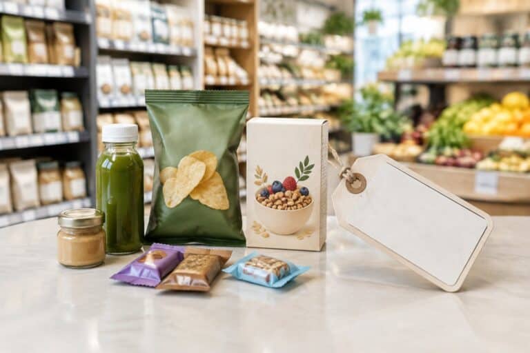 Small packaged groceries and a blank price tag on a counter in front of grocery shelves.