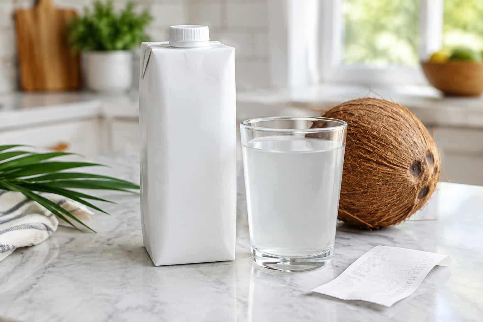 A plain carton of coconut water beside a coconut, a glass, and a grocery receipt.