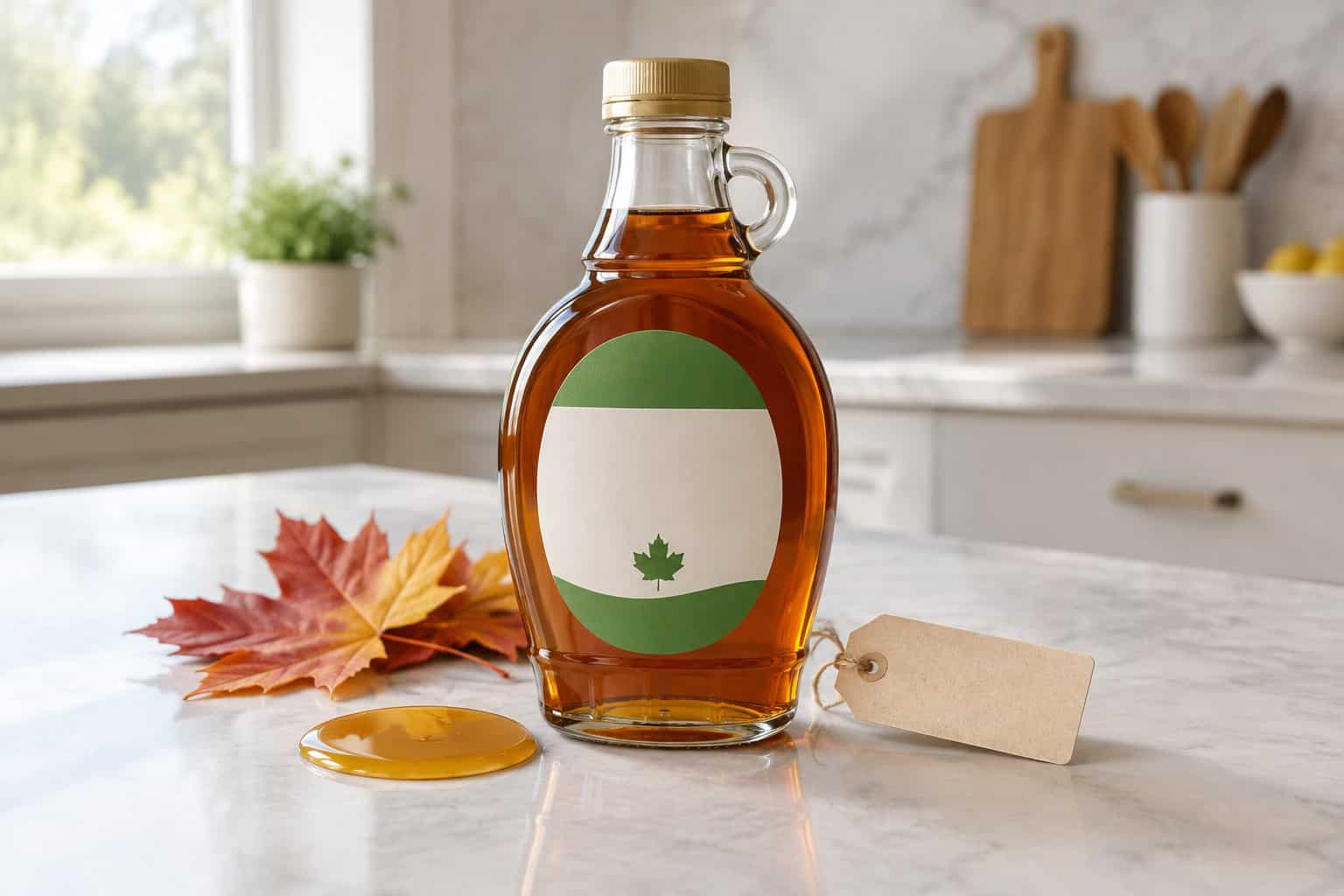 A bottle of maple syrup sits on a kitchen counter beside maple leaves and a blank price tag.